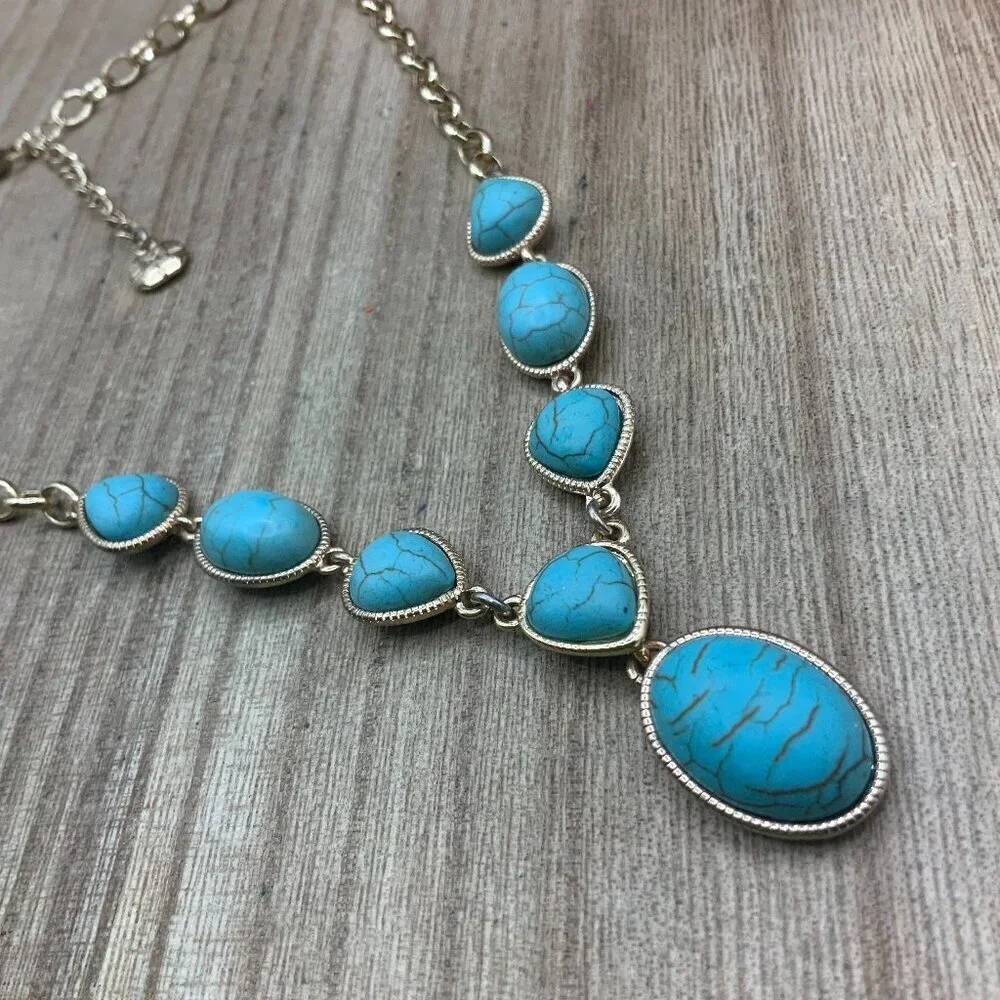 Monet Faux Turquoise Stone Gold Tone Y Necklace